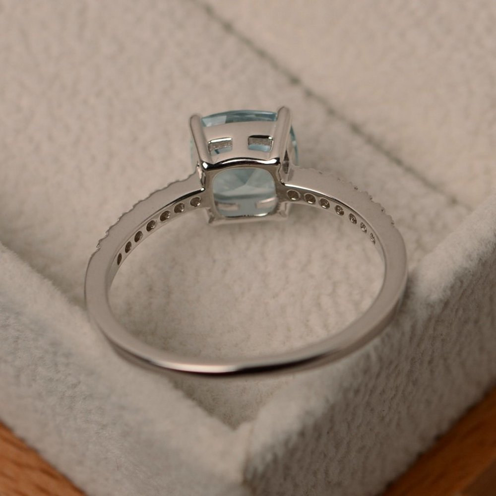 925 Silver Aquamarine Diamond Cushion Cut Ring - Picture 4 of 4